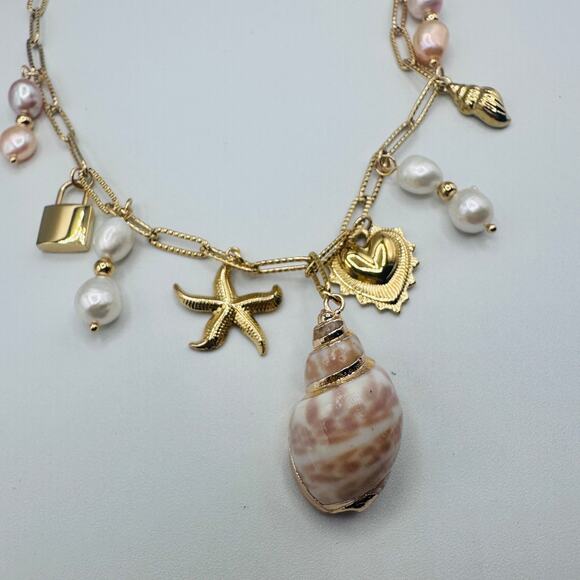 Gold Shell & Pearl Charm Necklace-Starfish, Heart & Lock Accents - Picture 5 of 7